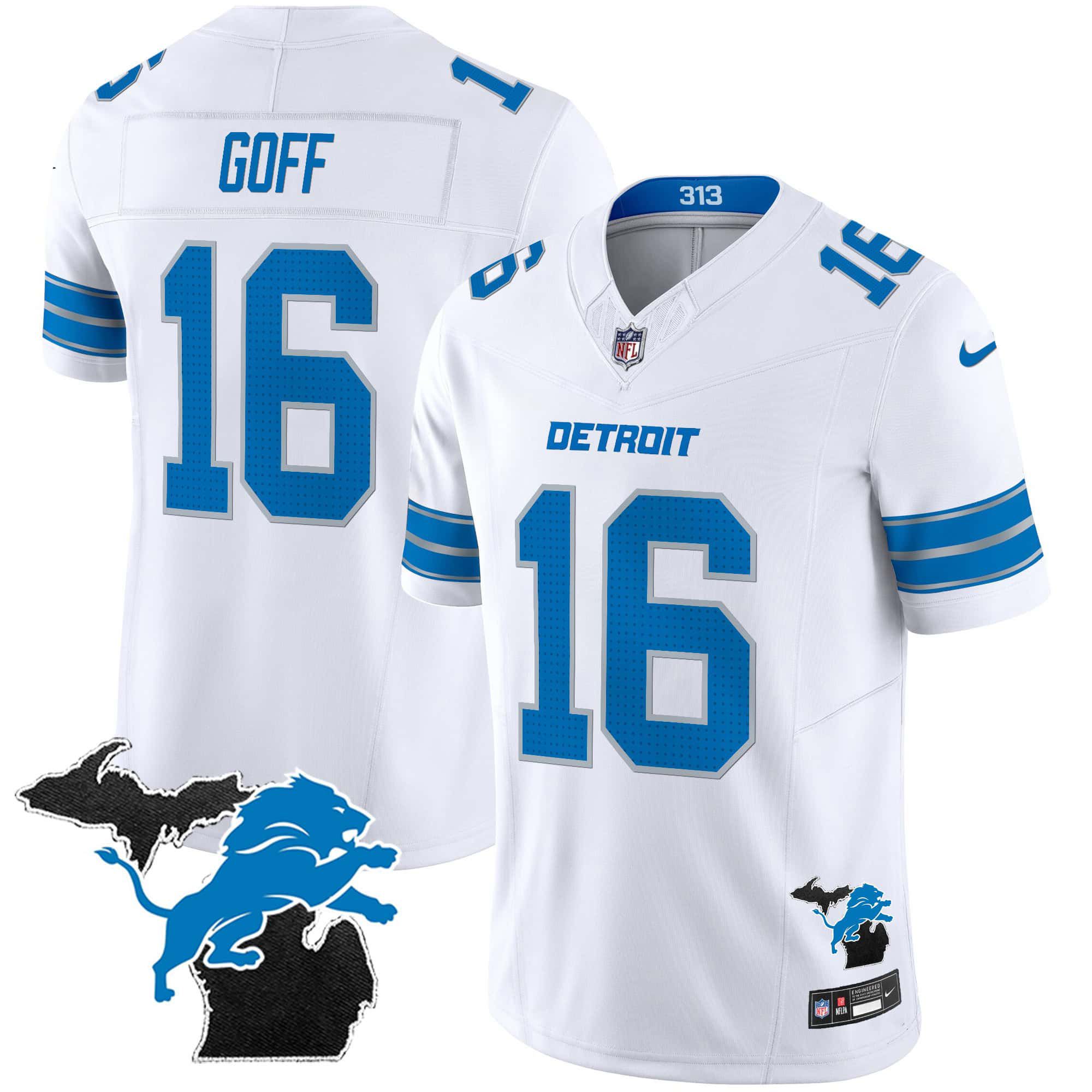 Men Detroit Lions #16 Goff White 2024 Nike Michigan Patch Vapor Limited NFL Jersey